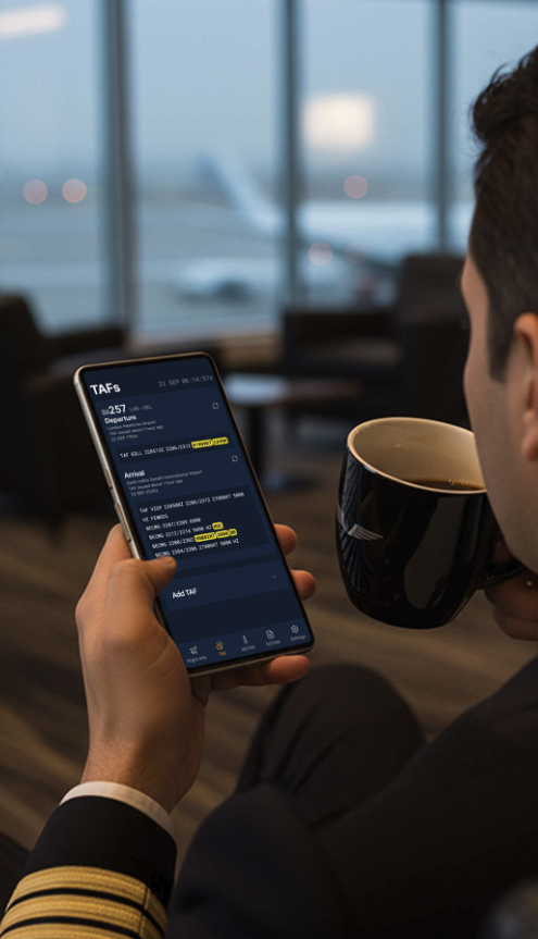Professional pilot in airport lounge reviewing flight information on smartphone while drinking coffee