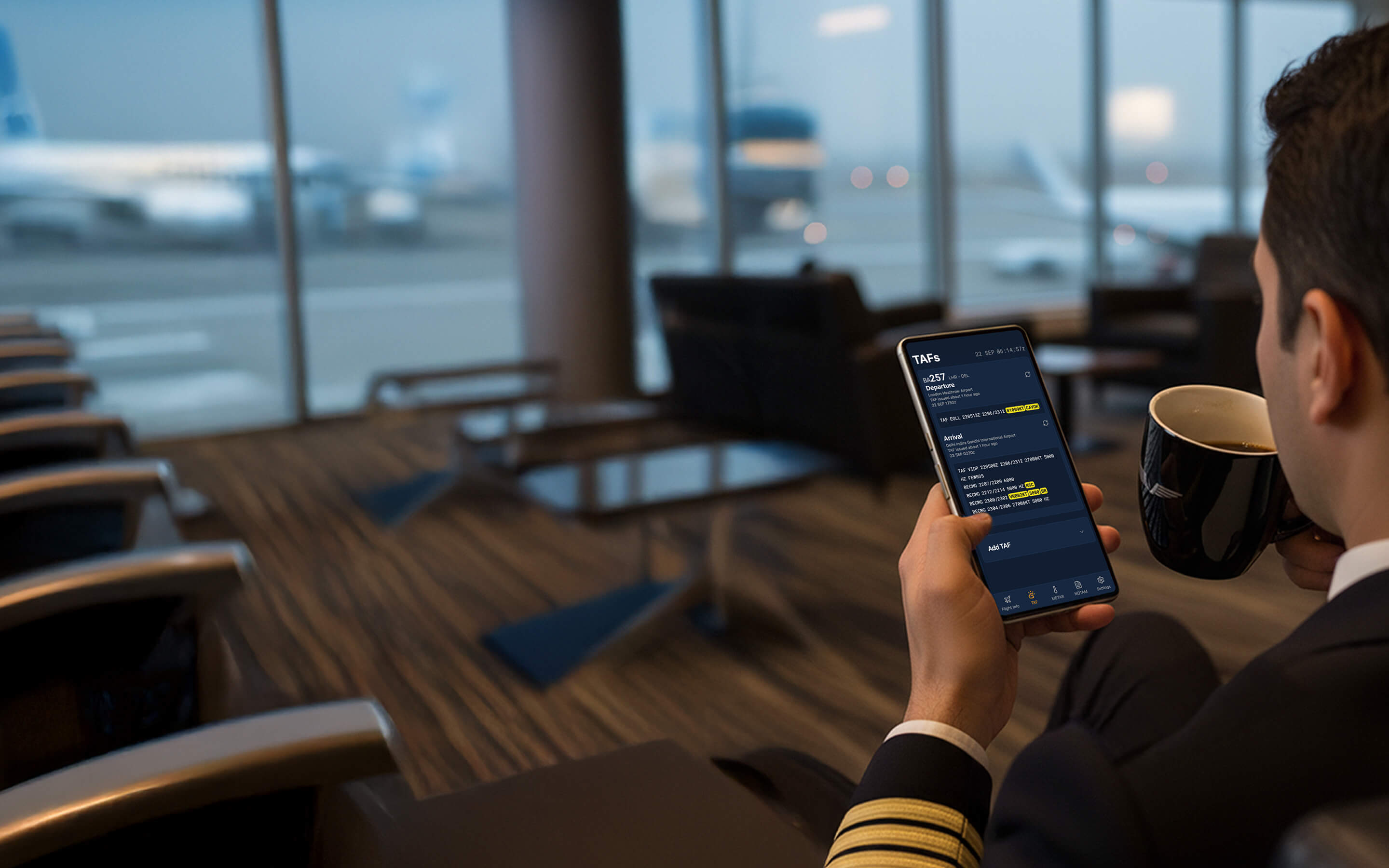 Professional pilot in airport lounge reviewing flight information on smartphone while drinking coffee